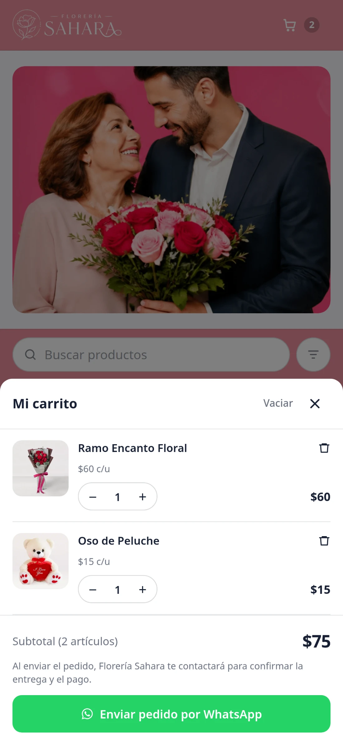 Carrito con cantidades y botón para enviar el pedido por WhatsApp