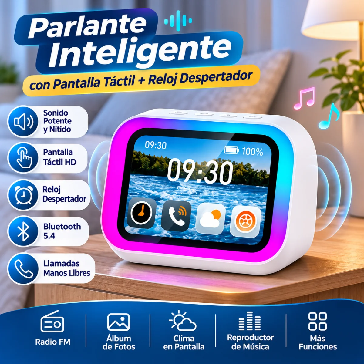 PARLANTE INTELIGENTE CON PANTALLA TACTIL+ RELOJ DESPERTADOR