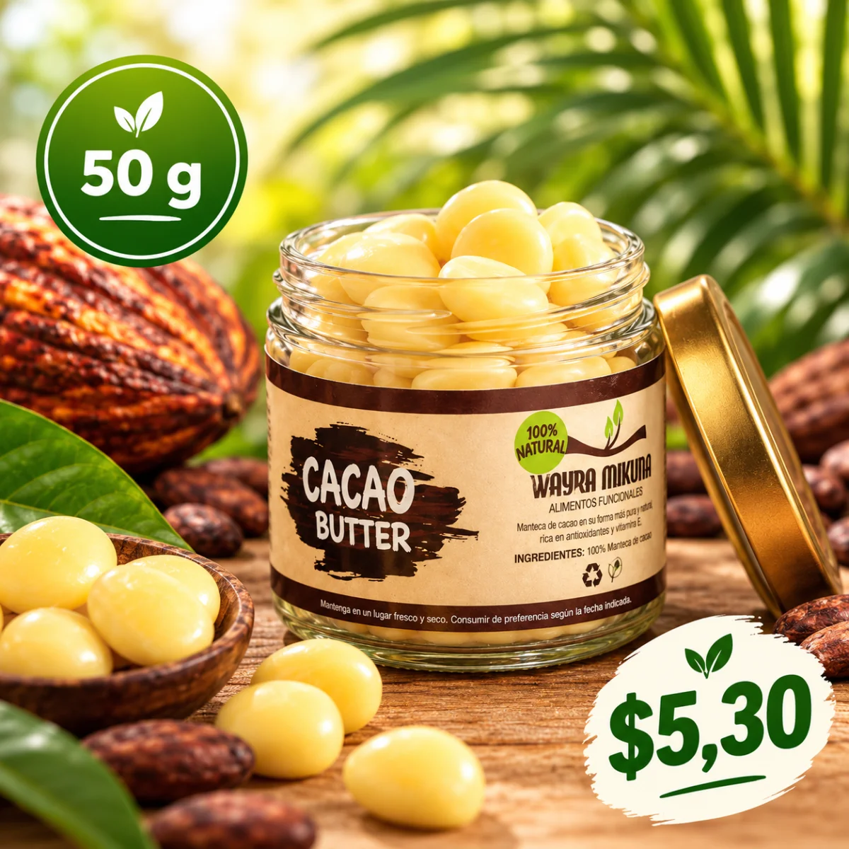 Manteca de Cacao en Perlas 100% Fino de Aroma Wayra Mikuna – 50 g