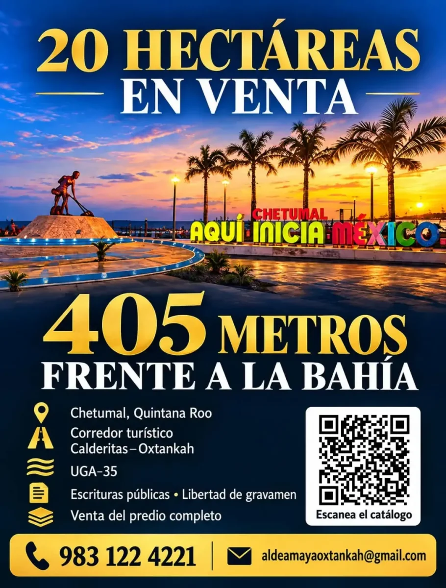 Terreno de 20 hectáreas con 405 metros de frente a la bahia de chetumal, excelente para desarrollo