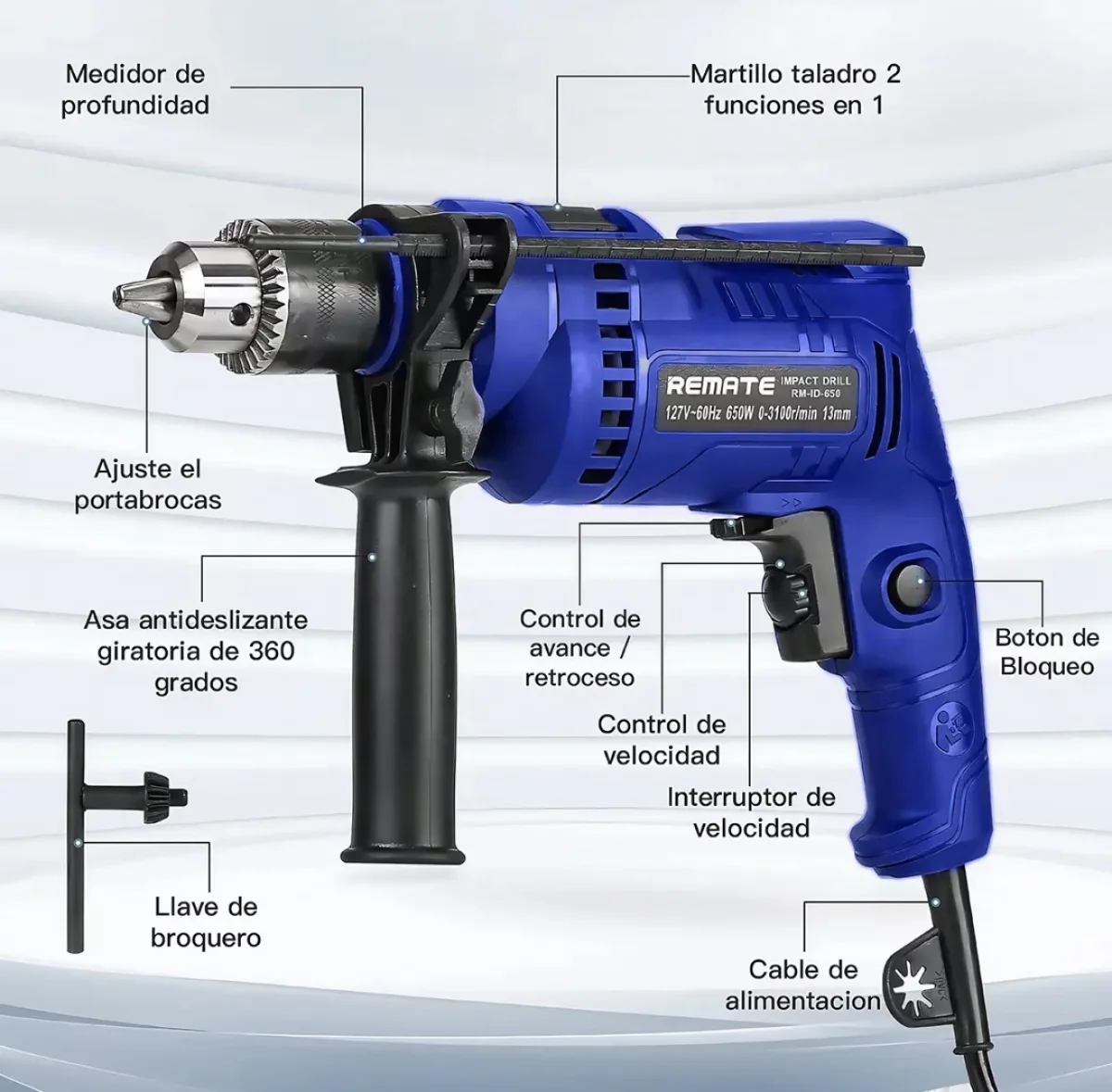 Taladro Rotomartillo 1/2 Pulg 650W 0-3100 RPM Destornillador Eléctrico Con Brocas Kit Accesorios Concreto Madera Metal Velocidad Variable Pr